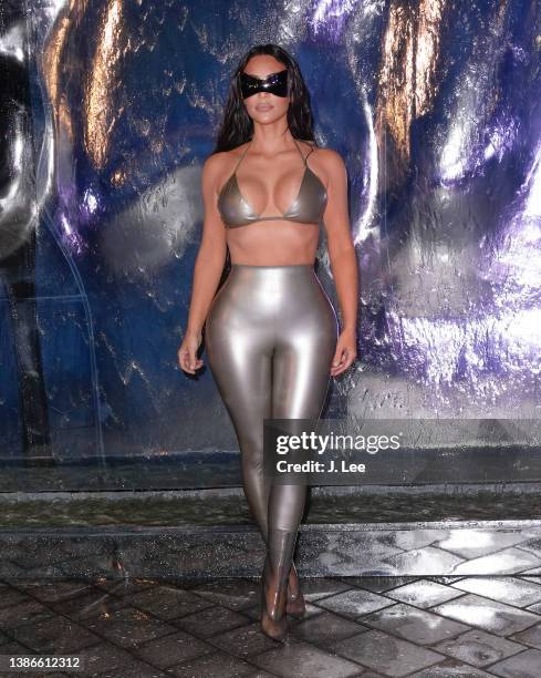 Kim Kardashian visits the SKIMS SWIM Miami pop-up shop on Saturday, March 19, 2022 in Miami, Florida.