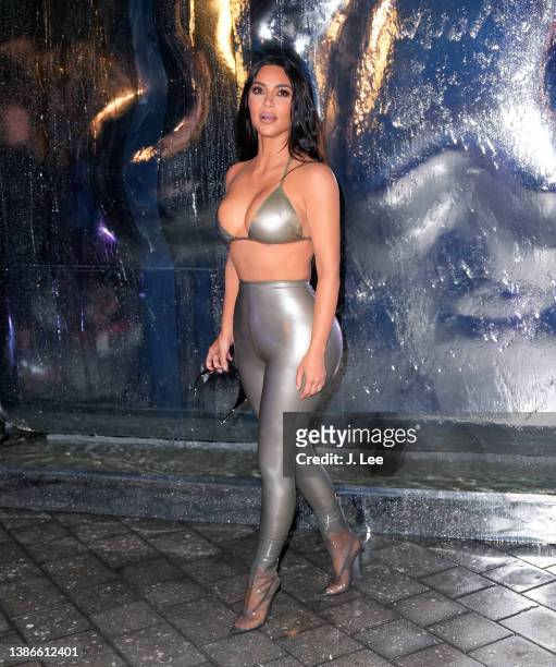 Kim Kardashian visits the SKIMS SWIM Miami pop-up shop on Saturday, March 19, 2022 in Miami, Florida.