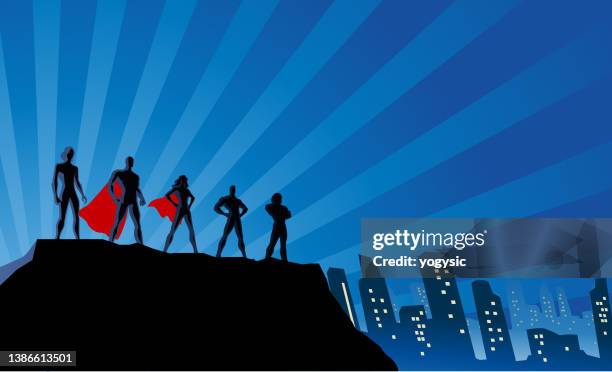 vector team superhero silhouette in a city stock illustration - super heroes stock illustrations