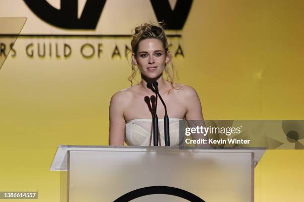 Kristen Stewart speaks onstage during the 33rd Annual Producers Guild Awards at Fairmont Century Plaza on March 19, 2022 in Los Angeles, California.