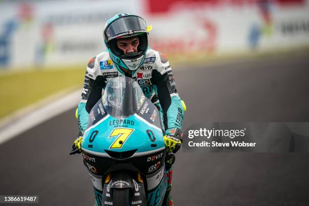 Race winner Moto3 rider Dennis Foggia of Italy and Leopard Racing enters parc ferme during race of the MotoGP Grand Prix of Indonesia at Mandalika...