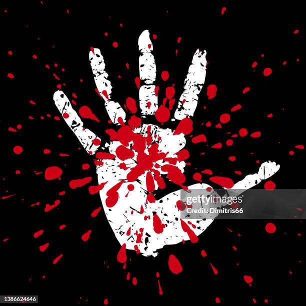 palm imprint in black background and blood splatter red. - child scar stock illustrations
