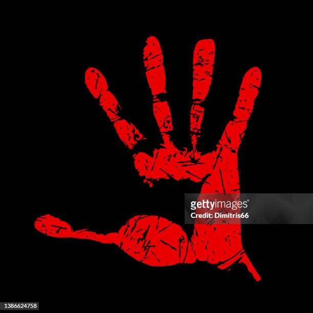 illustrazioni stock, clip art, cartoni animati e icone di tendenza di apri l'impronta della mano rossa sul nero - victim
