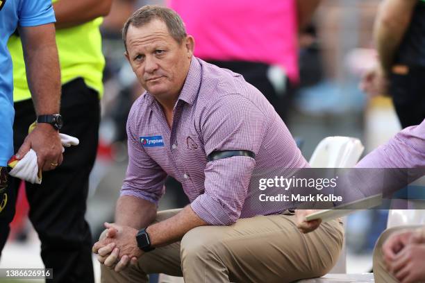 Broncos coach Kevin Walters watches on from the bench during the round two NRL match between the Canterbury Bulldogs and the Brisbane Broncos at...