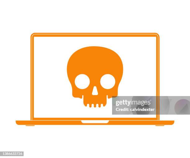 laptop computer skull on screen - ransomware data stock illustrations