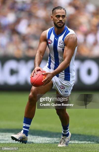 Aaron Hall of the Kangaroos kicks during the round one AFL match between the Hawthorn Hawks and the North Melbourne Kangaroos at Melbourne Cricket...