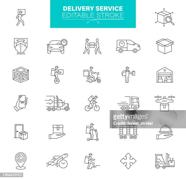 stockillustraties, clipart, cartoons en iconen met delivery service icons, editable stroke. stock illustration. contains such icons as shipping, box, distribution, location, truck - food truck icon
