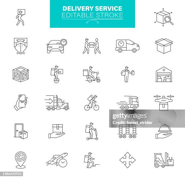 bildbanksillustrationer, clip art samt tecknat material och ikoner med delivery service icons, editable stroke. stock illustration. contains such icons as shipping, box, distribution, location, truck - truck stock illustrations