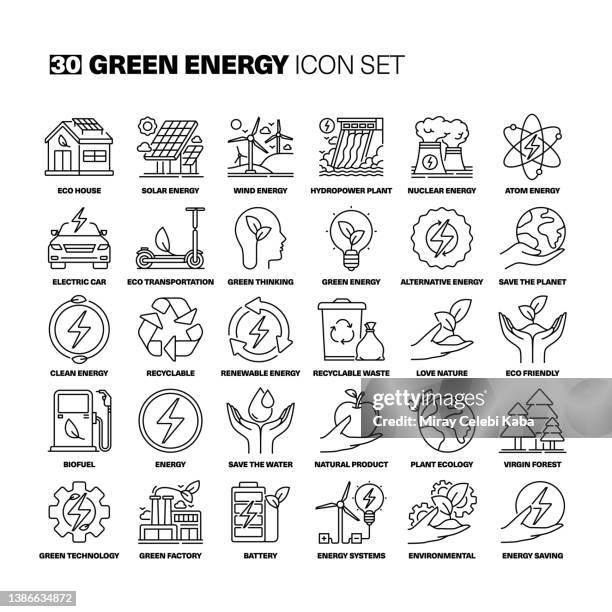 ilustraciones, imágenes clip art, dibujos animados e iconos de stock de conjunto de iconos de línea de energía verde - energía sostenible