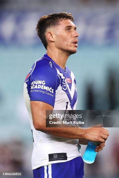 Jake Averillo of the Bulldogs looks dejected after defeat during the round two NRL match between the Canterbury Bulldogs and the Brisbane Broncos at...