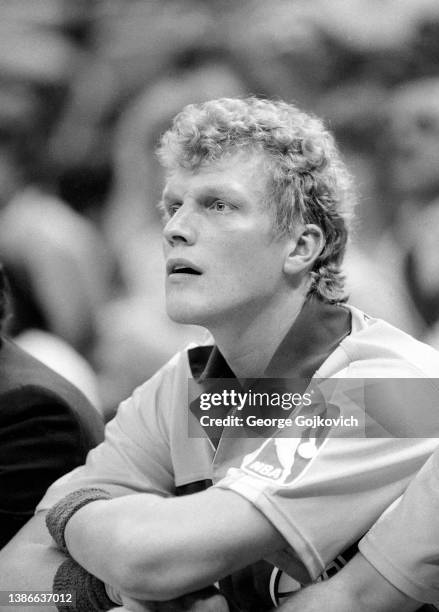 Center Jack Sikma of the Seattle SuperSonics looks on from the sideline during a National Basketball Association game against the Indiana Pacers at...