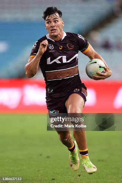 Kotoni StaggsSYDNEY, AUSTRALIA Herbie Farnworth of the Broncos breaks away to score a try during the round two NRL match between the Canterbury...