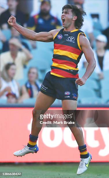 Joshua Rachele of the Crows celebrates a goal during the round one AFL match between the Adelaide Crows and the Fremantle Dockers at Adelaide Oval on...