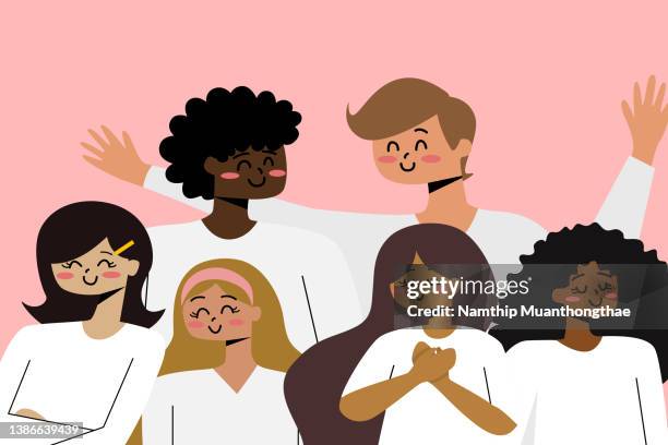 bame illustration concept shows the difference of ethnicity of people who have different skin tone and appearance smiling happily with the pink background for creating the different ethnicity background. - interracial cartoon 個照片及圖片檔