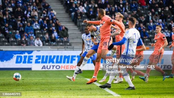 Niklas Stark of Berlin scores his team's first goal during the Bundesliga match between Hertha BSC and TSG Hoffenheim at Olympiastadion on March 19,...