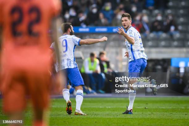 Niklas Stark of Berlin celebrates after scoring his team's first goal with Lucas Tousart of Berlin during the Bundesliga match between Hertha BSC and...