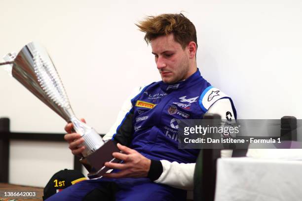 Race winner Victor Martins of France and ART Grand Prix relaxes after the Round 1:Sakhir Feature Race of the Formula 3 Championship at Bahrain...