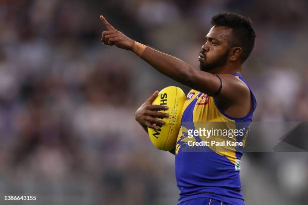 Willie Rioli of the Eagles signals to the goals during the round one AFL match between the West Coast Eagles and the Gold Coast Suns at Optus Stadium...