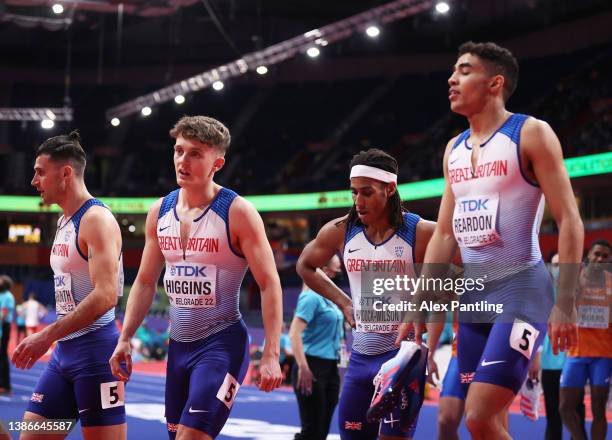 Alex Haydock-Wilson, Ben Higgins, Samuel Reardon and Guy Learmonth of Great Britain cut dejected figures following the Men's 4X400 Metres Relay Heat...