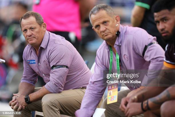 Broncos coach Kevin Walters watches on from the bench during the round two NRL match between the Canterbury Bulldogs and the Brisbane Broncos at...