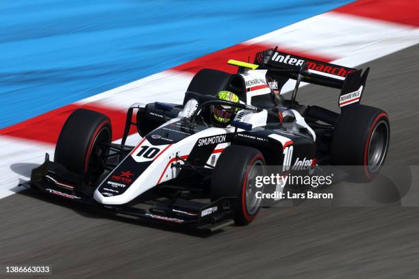 Theo Pourchaire of France and ART Grand Prix drives on track during the Round 1:Sakhir Feature Race of the Formula 2 Championship at Bahrain...
