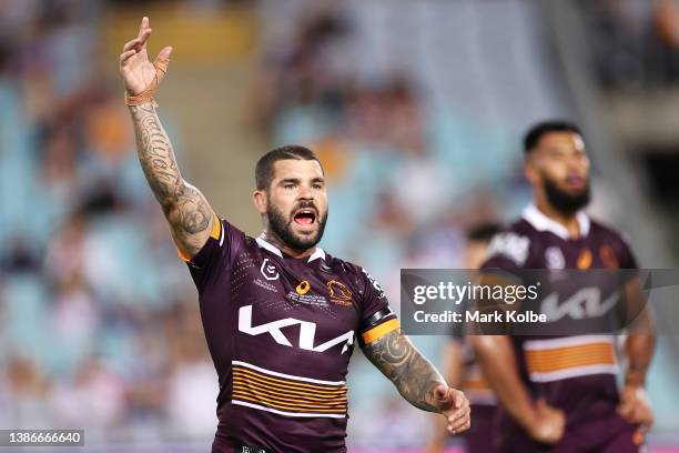 Adam Reynolds of the Broncos appeals to the referee during the round two NRL match between the Canterbury Bulldogs and the Brisbane Broncos at Accor...