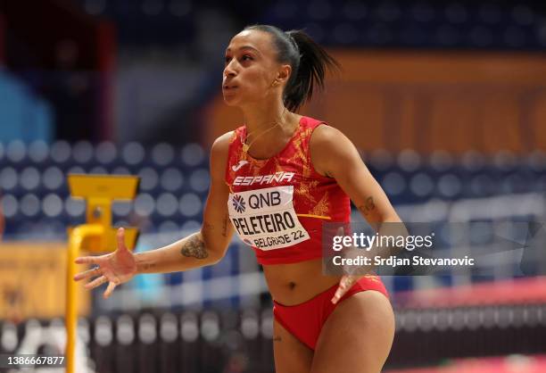 Ana Peleteiro of Spain ESP reacts during the Women's Triple Jump on Day Three of the World Athletics Indoor Championships Belgrade 2022 at Belgrade...