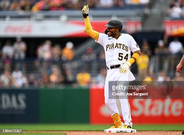 Josh Palacios of the Pittsburgh Pirates celebrates after hitting a RBI double during the eighth inning against the Milwaukee Brewers at PNC Park on...