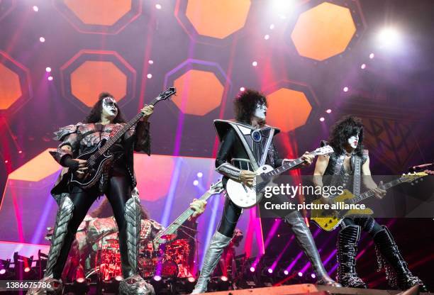 July 2023, North Rhine-Westphalia, Cologne: Gene Simmons , singer and bassist, Tommy Thayer, guitarist, and Paul Stanley, singer and guitarist, of...