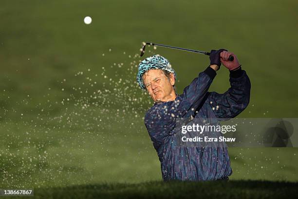 Actor Bill Murray hits of a bunker on the tenth hole during the second round of the AT&T Pebble Beach National Pro-Am at the Monterey Peninsula...