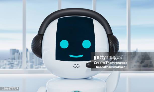 welcome robot on company office or hotel is chatting with customers by acting as a call center by phone with metropolis city background. innovative technology and service concept. 3d illustration rendering - chonburi province stock photos et images de collection