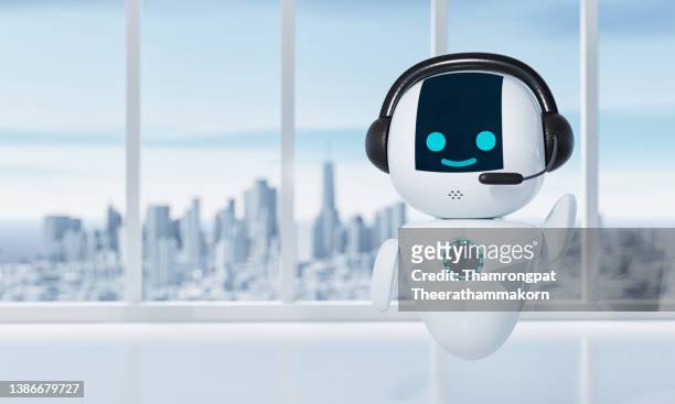 welcome robot on company office or hotel is chatting with customers by acting as a call center by phone with metropolis city background. innovative technology and service concept. 3d illustration rendering - robot chatbot stock pictures, royalty-free photos & images