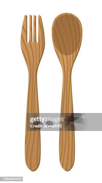 illustrazioni stock, clip art, cartoni animati e icone di tendenza di set di semplici utensili da portata per insalata di legno - cucchiaio di legno