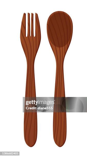 ilustrações de stock, clip art, desenhos animados e ícones de set of simple wooden salad serving utensils - wooden spoon
