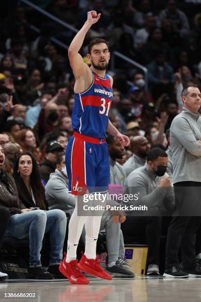 Tomas Satoransky of the Washington Wizards in action against the Los Angeles Lakers during the first half at Capital One Arena on March 19, 2022 in...