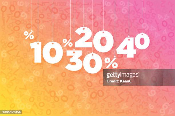 number and percent signs hanging on the ropes on colorful abstract background. vector. stock illustration - percentage sign stock illustrations