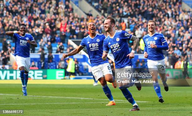 James Maddison of Leicester City celebrates after scoring their side's second goal during the Premier League match between Leicester City and...