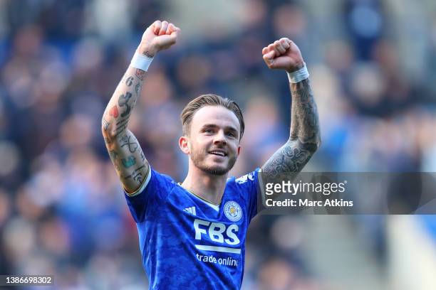 James Maddison of Leicester City celebrates after scoring their side's second goal during the Premier League match between Leicester City and...