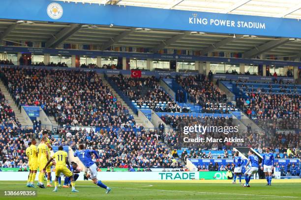 James Maddison of Leicester City scores their side's second goal from a free kick during the Premier League match between Leicester City and...