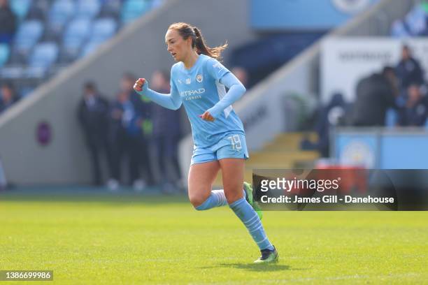 Caroline Weird of Manchester City celebrates her side's third goal during the Vitality Women's FA Cup Quarter Final match between Manchester City and...