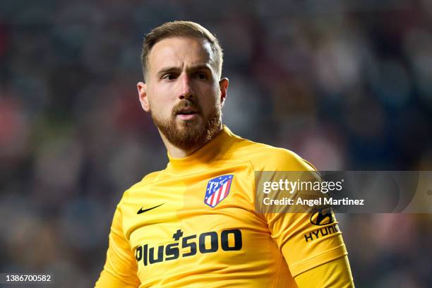 Jan Oblak of Atletico de Madrid looks on during the LaLiga Santander match between Rayo Vallecano and Club Atletico de Madrid at Campo de Futbol de...