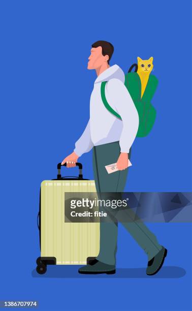 stockillustraties, clipart, cartoons en iconen met vector detailed character of traveler with his pet.  traveler with cat and luggage. - lap dog