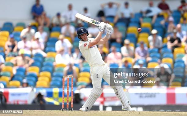 Dan Lawrence of England bats during day five of the 2nd test match between West Indies and England at Kensington Oval on March 20, 2022 in...