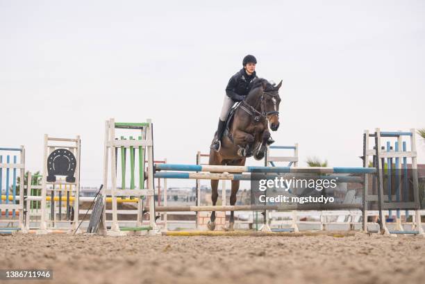 woman equestrian riding jumping on show horse - hindernisrace paardenrennen stockfoto's en -beelden