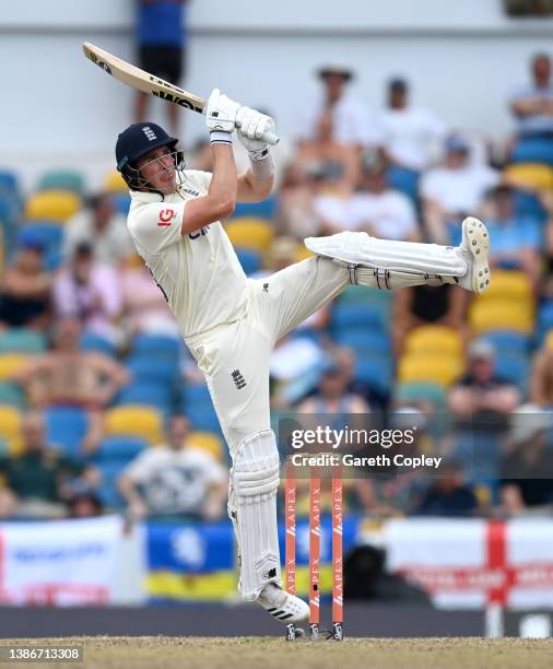 Dan Lawrence of England bats during day five of the 2nd test match between West Indies and England at Kensington Oval on March 20, 2022 in...