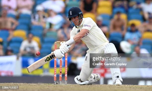 Dan Lawrence of England bats during day five of the 2nd test match between West Indies and England at Kensington Oval on March 20, 2022 in...