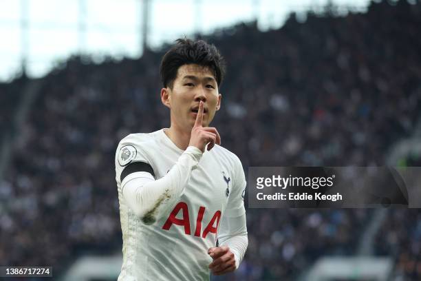 Heung-Min Son of Tottenham Hotspur celebrates after scoring their side's second goal during the Premier League match between Tottenham Hotspur and...