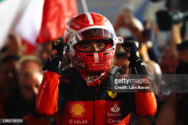 Race winner Charles Leclerc of Monaco and Ferrari celebrates in parc ferme during the F1 Grand Prix of Bahrain at Bahrain International Circuit on...