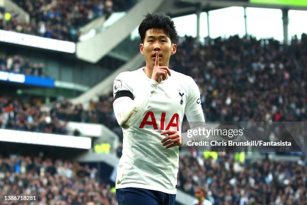 Heung-Min Son of Tottenham Hotspur celebrates scoring his side's second goal during the Premier League match between Tottenham Hotspur and West Ham...