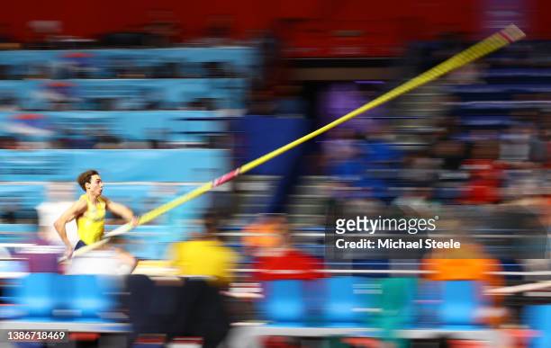 Armand Duplantis of Sweden competes during the Men's Pole Vault Final during Day Three of the World Athletics Indoor Championships at Belgrade Arena...
